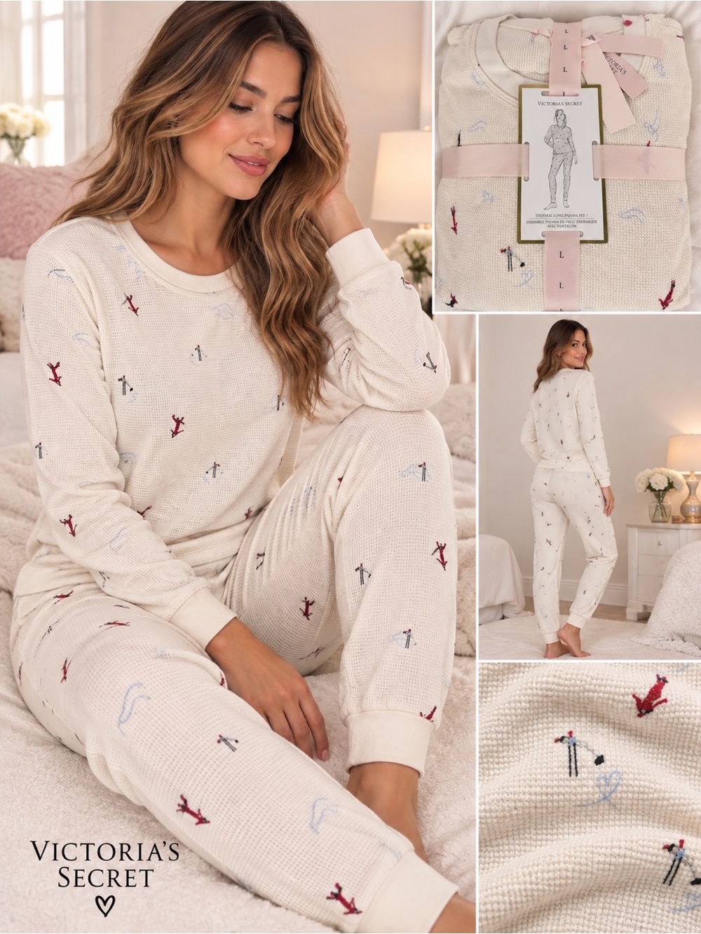 Victoria's Secret Cream Ski-Print Waffle Pajama Set with Red & Blue Accents